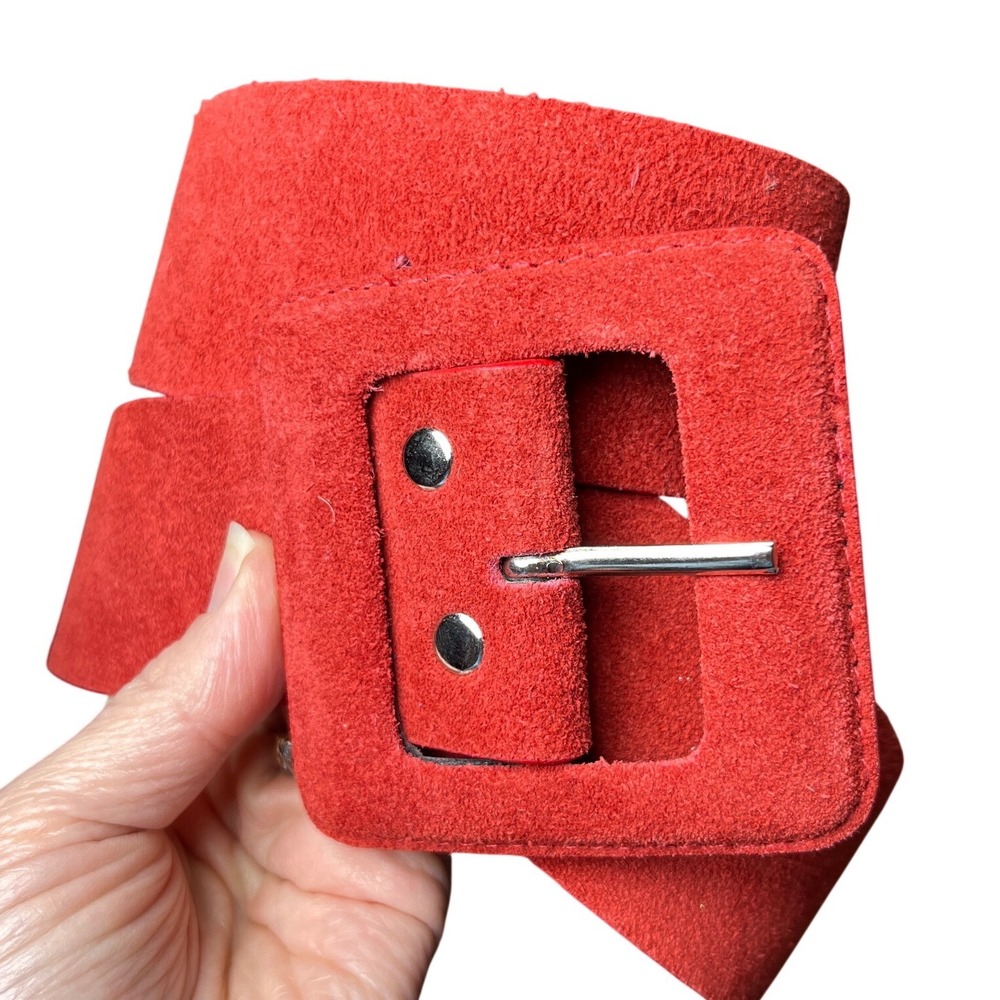 Wide Red Suede Cow Leather Belt Oversized Square Buckle Retro Statement Small